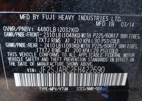 2015 Subaru Forester 2.5I из США, поврежденный, VIN JF2SJABC2FH422690